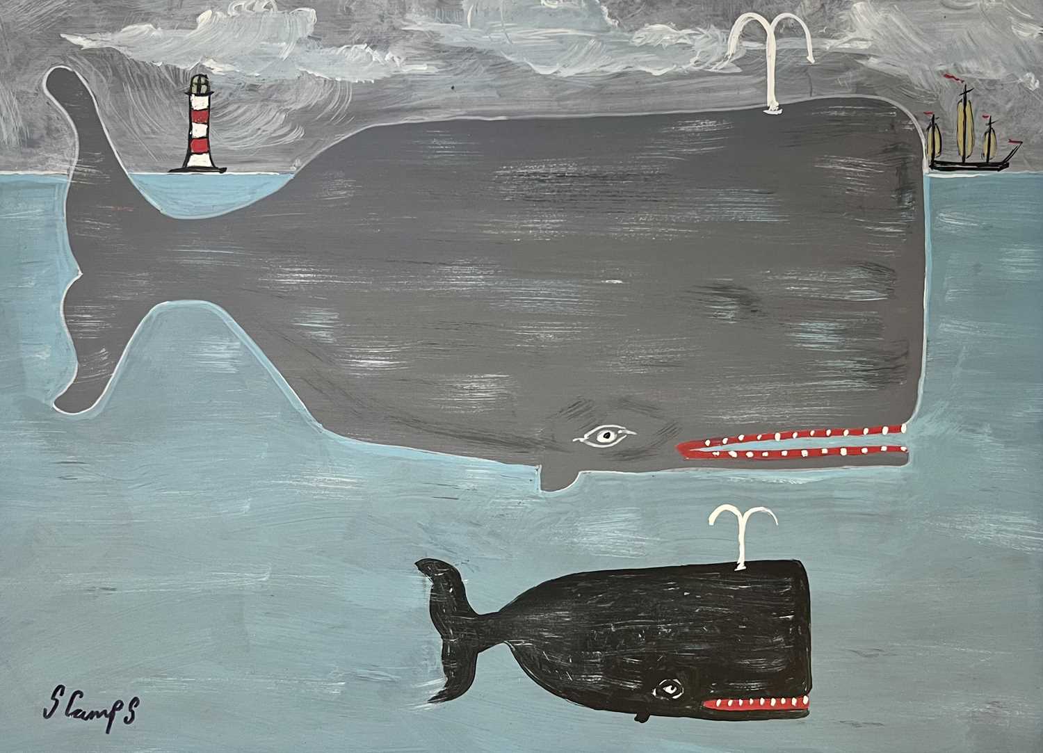 Stephen CAMPS aka Scamps (Cornish Naïve School, 1957) Two Whales, A Lighthouse And A Boat