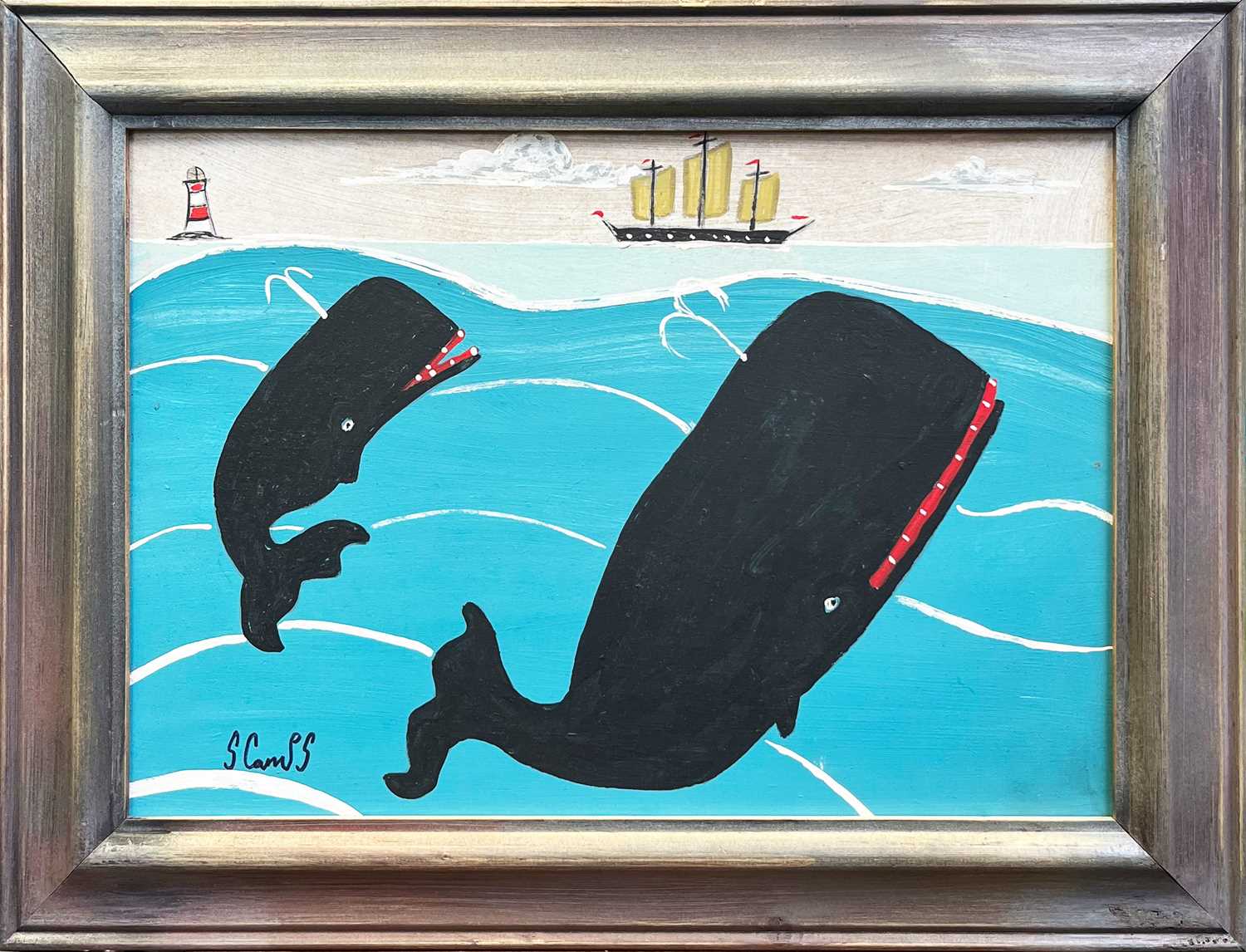 Stephen CAMPS aka Scamps (Cornish Naïve School, 1957) Two Whales, A Ship and A Lighthouse - Image 2 of 3