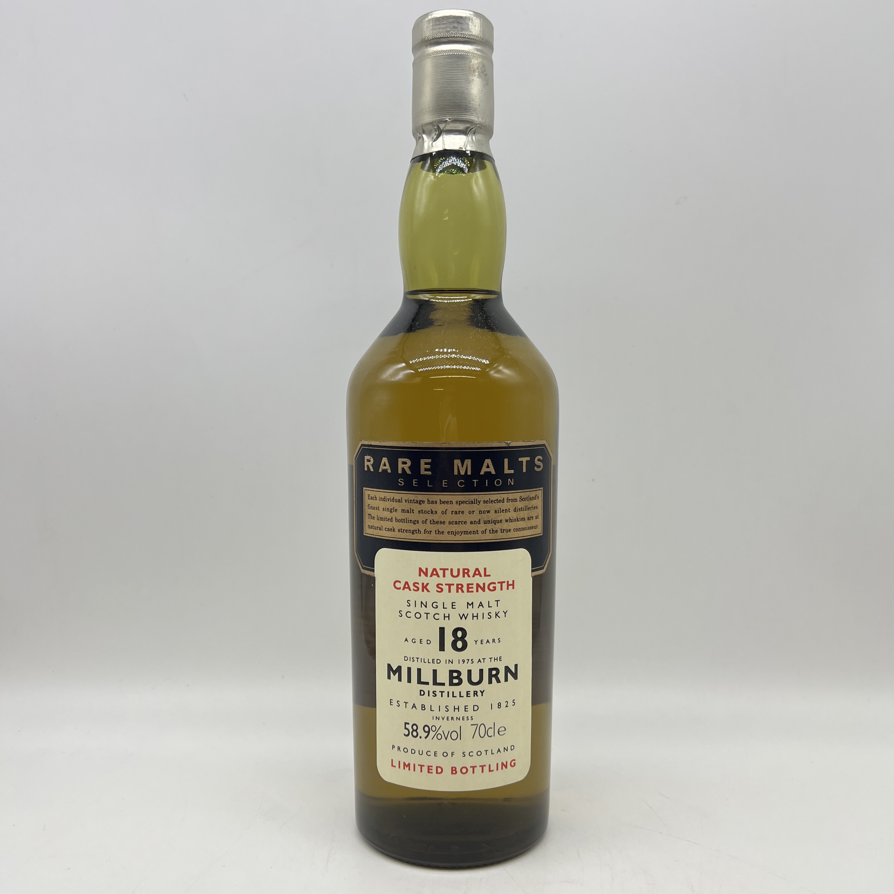 A bottle of rare malt selection Millburn 18 year old whisky