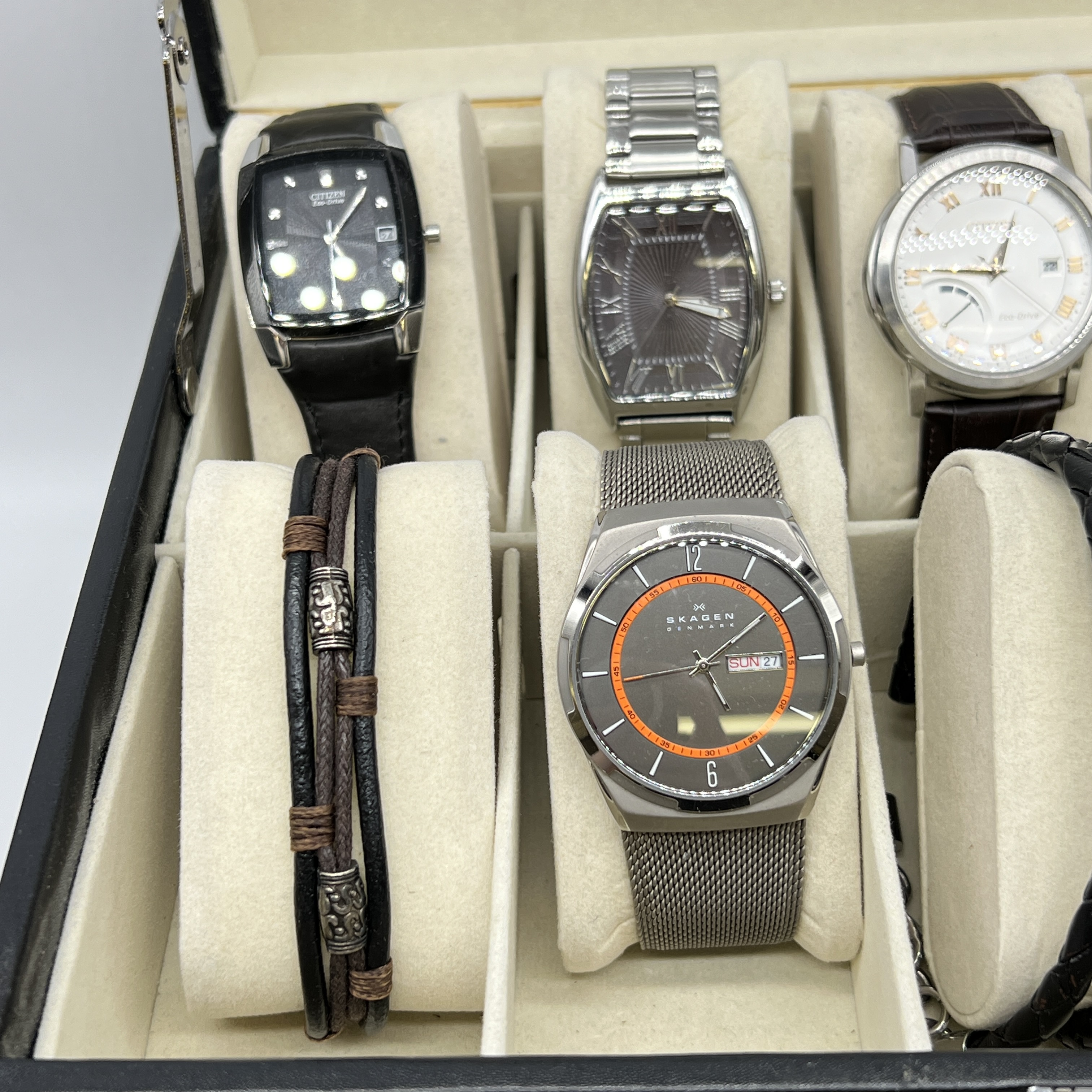 A black leather stitched case with watches and bracelets - Image 6 of 10