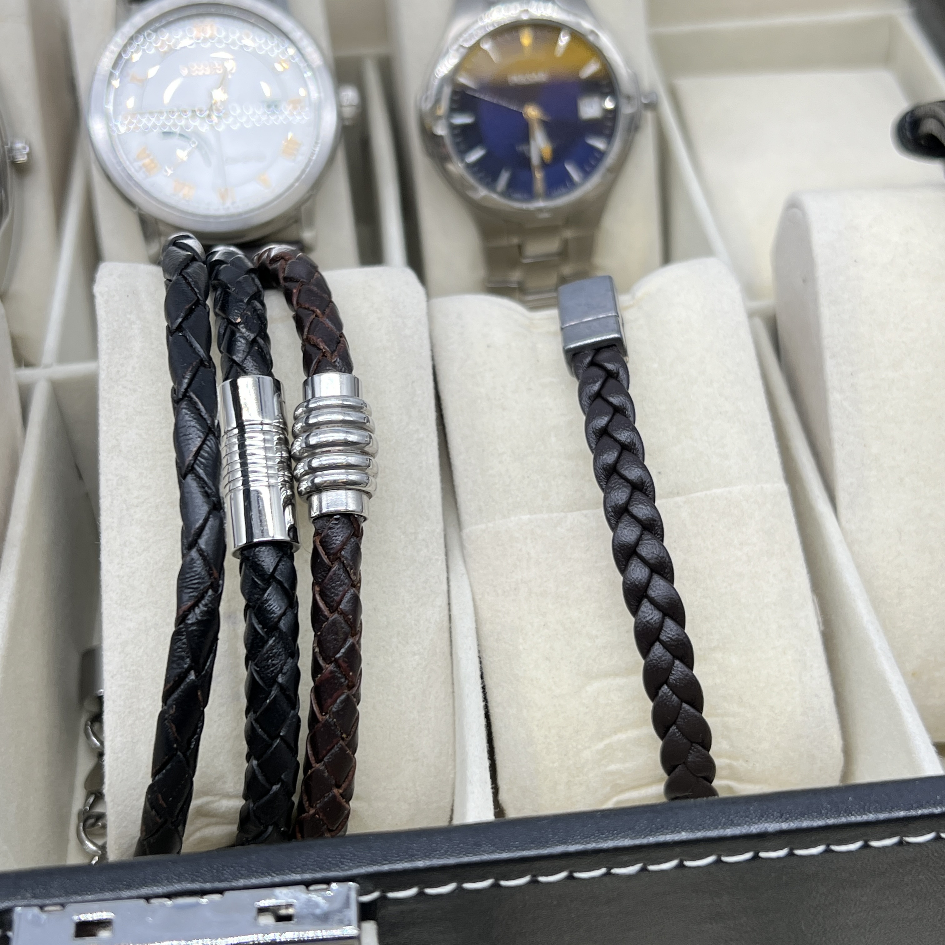 A black leather stitched case with watches and bracelets - Image 9 of 10