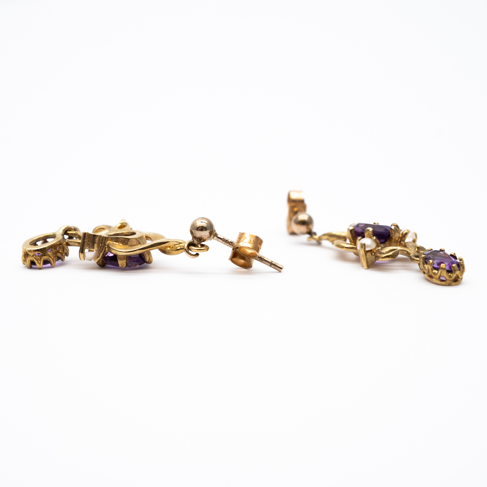 A pair of 9ct yellow gold amethyst and seed pearl drop earrings - Image 3 of 4