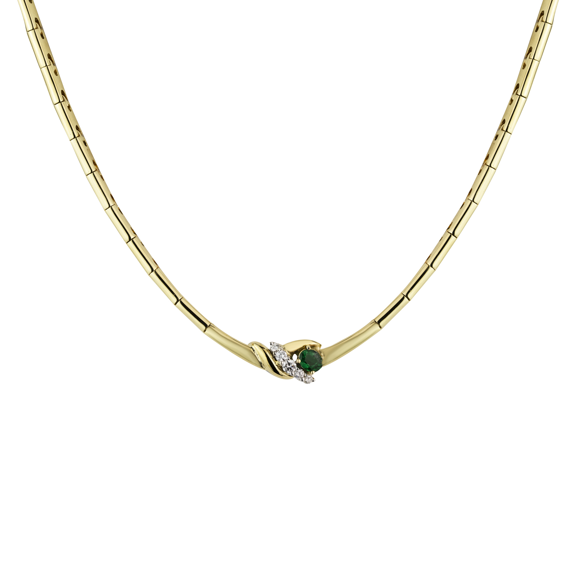 An 18ct yellow gold diamond and emerald necklace