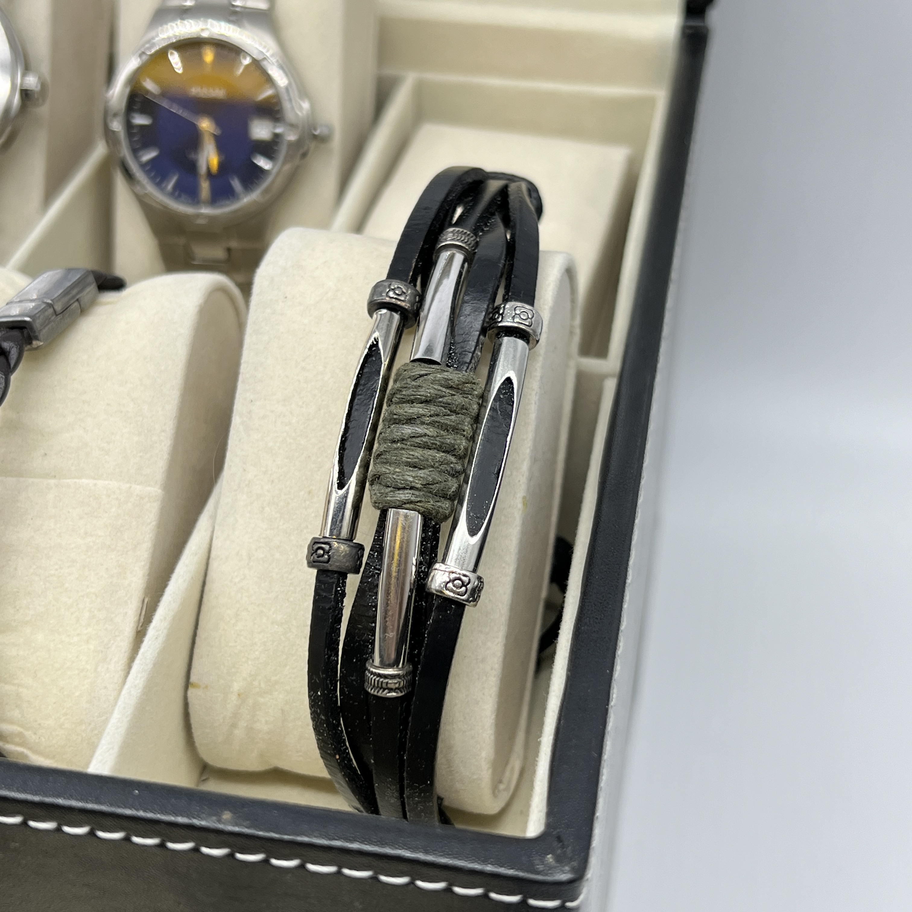 A black leather stitched case with watches and bracelets - Image 10 of 10