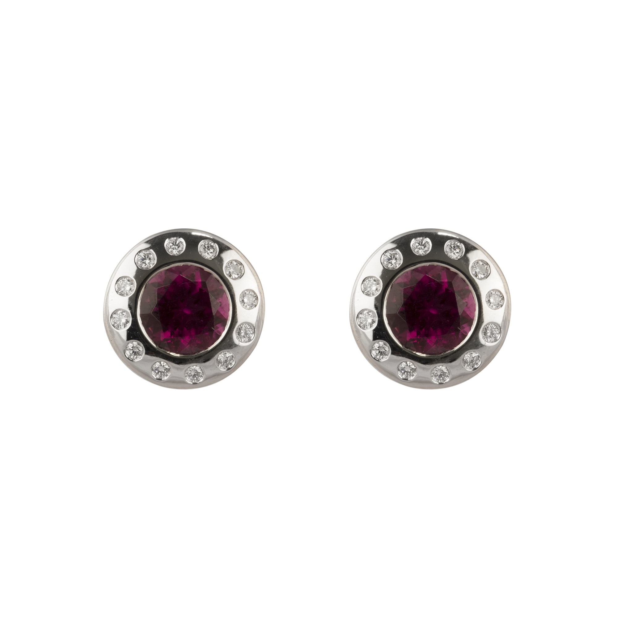 A pair of 18ct white gold round pink tourmaline and diamond stud earrings