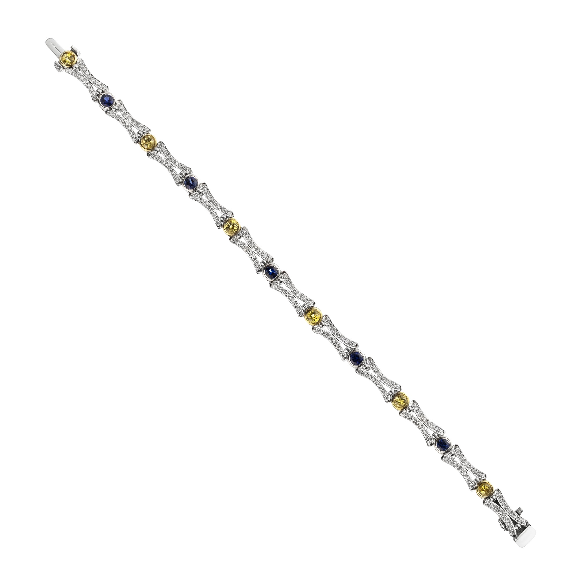 An 18ct white gold diamond with yellow and blue sapphire bracelet