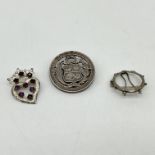 3x silver brooches