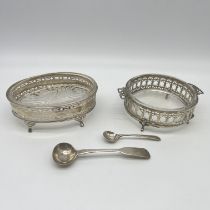 2x silver butter dishes and 2 silver mustard spoons