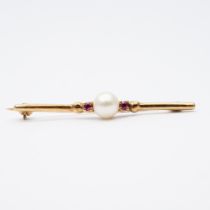 A 9ct yellow gold cultured pearl and ruby brooch