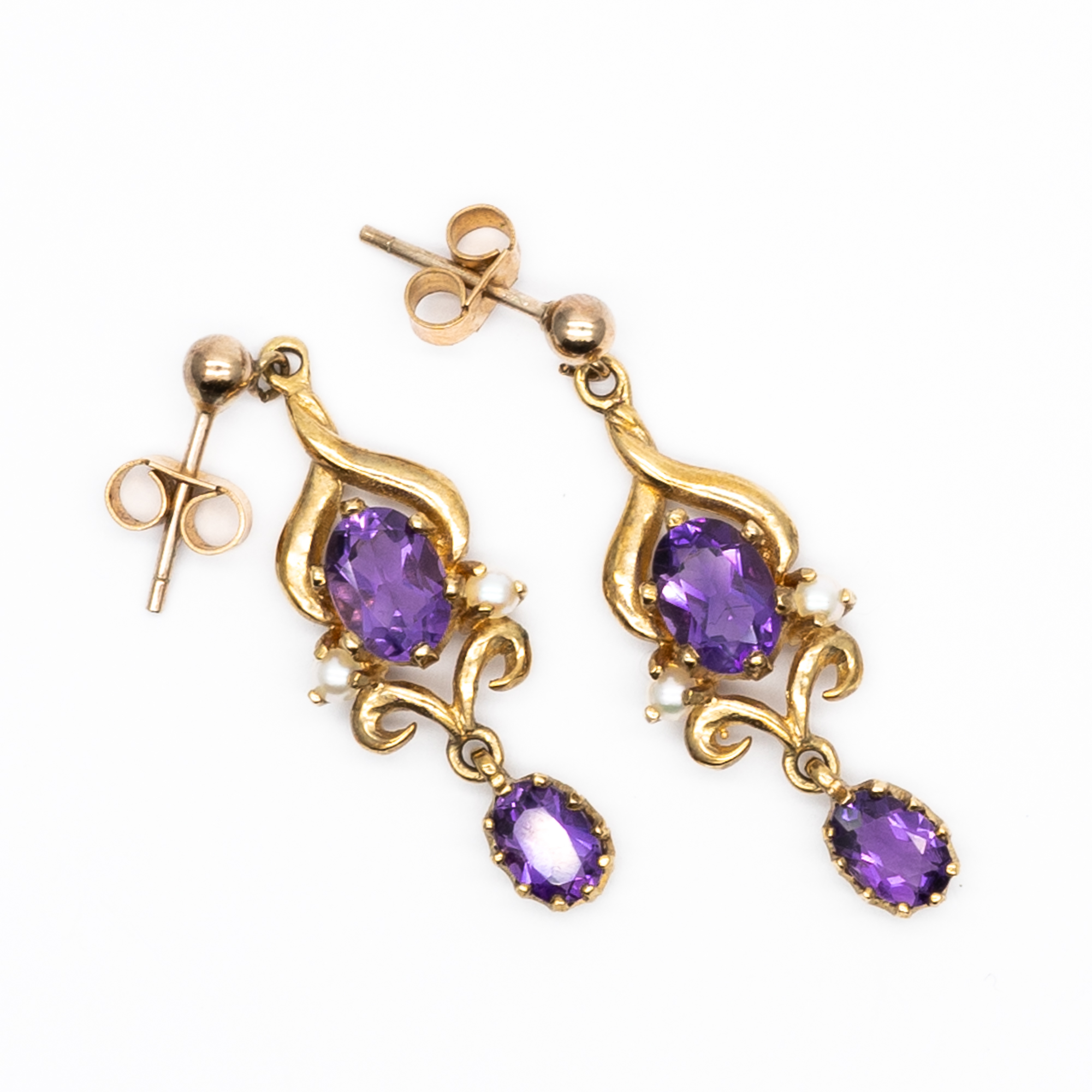 A pair of 9ct yellow gold amethyst and seed pearl drop earrings