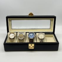 A watch case and 4 watches