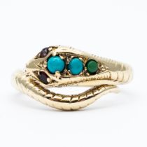 A vintage 9ct yellow gold turquoise and garnet snake design ring