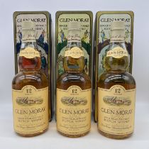3x bottles of Glen Moray 12 year old whisky in metal tins