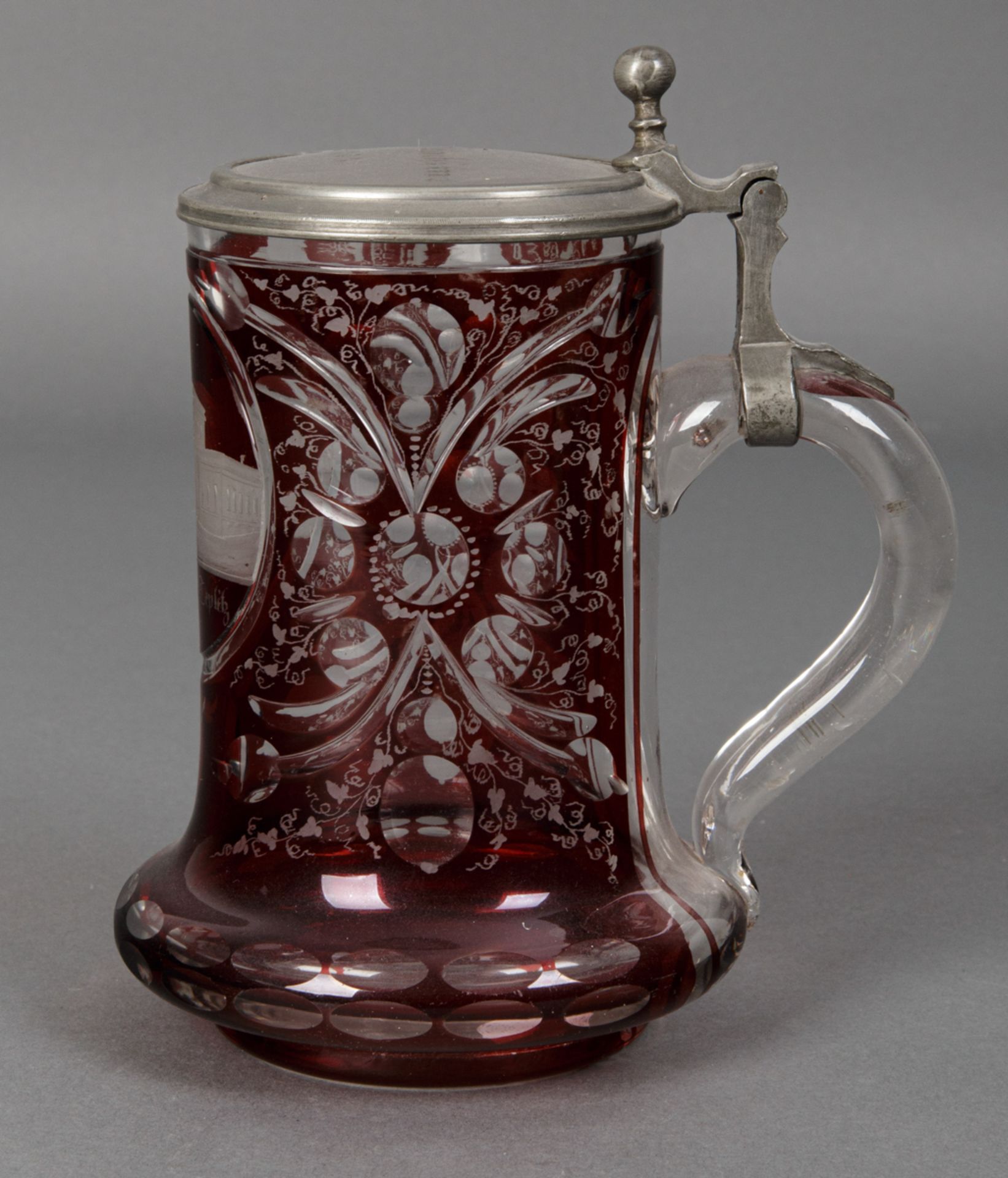 Bierkrug mit Glasdeckel, wohl Karlsbad, 1873