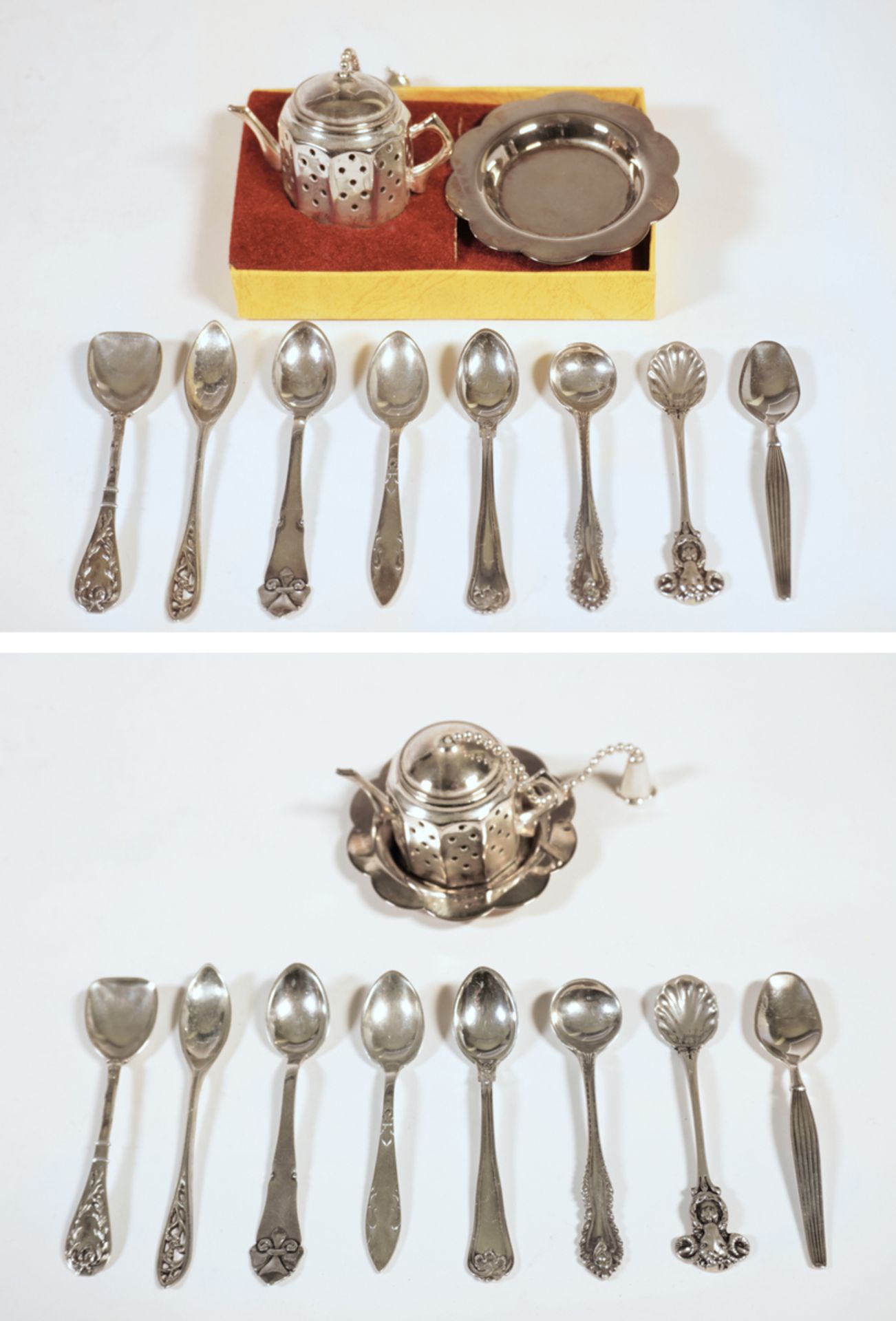 8 Miniatur-Löffel aus Silber und ein Tee-Ei