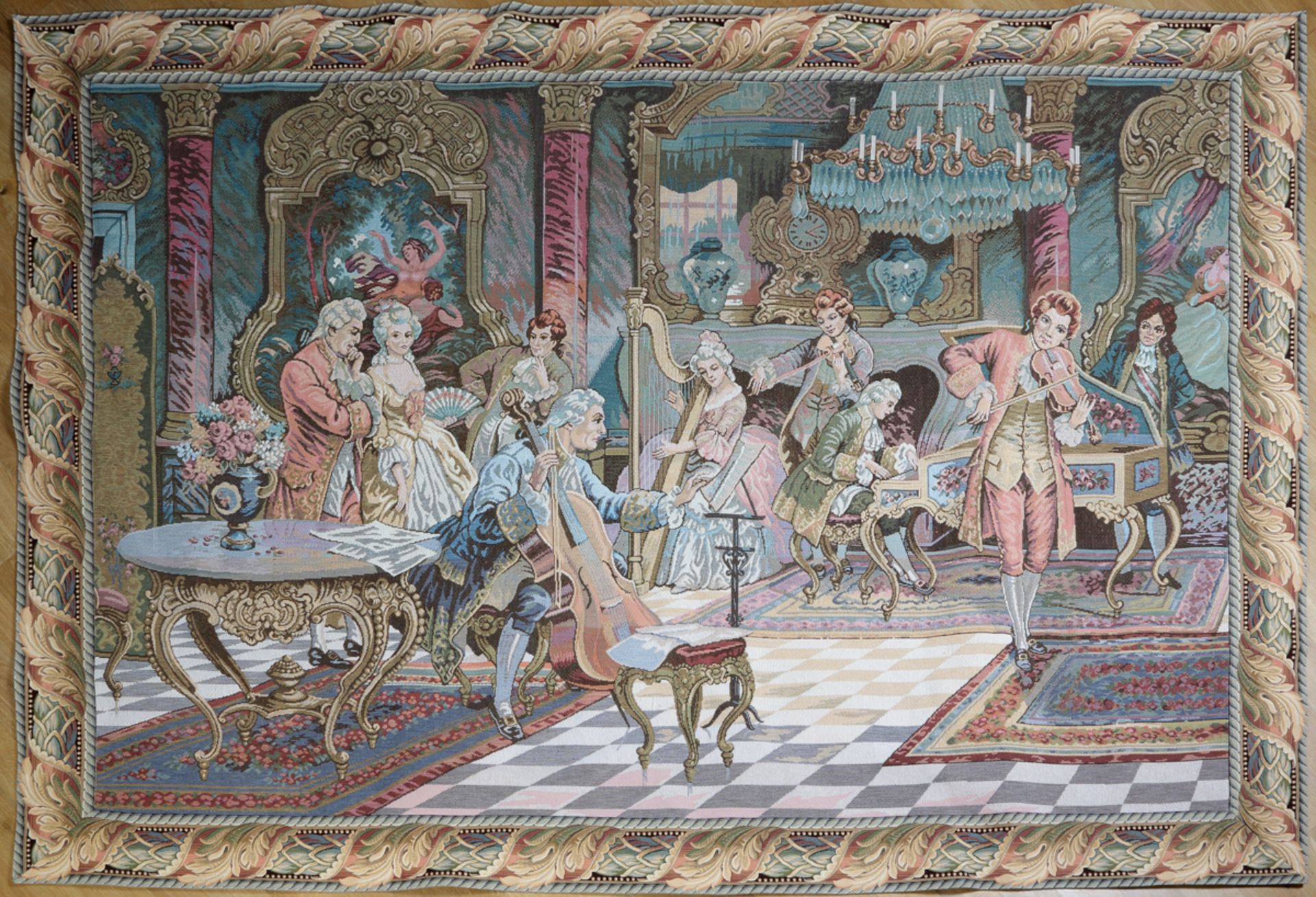 Tapisserie im Stil des 18. Jh., Rokokozeit, Konzert im Schloss, wohl Frankreich, 20. Jh.