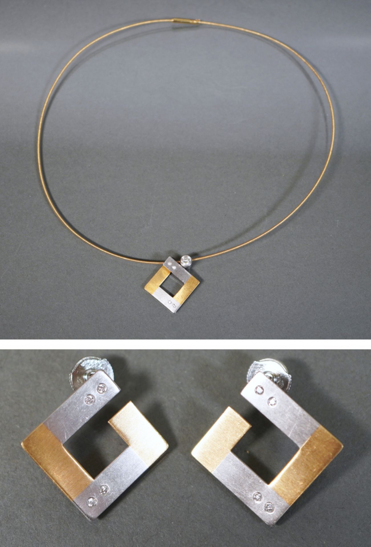 bicolores Collier und Ohrstecker mit Brillantbesatz, Pt950/GG750