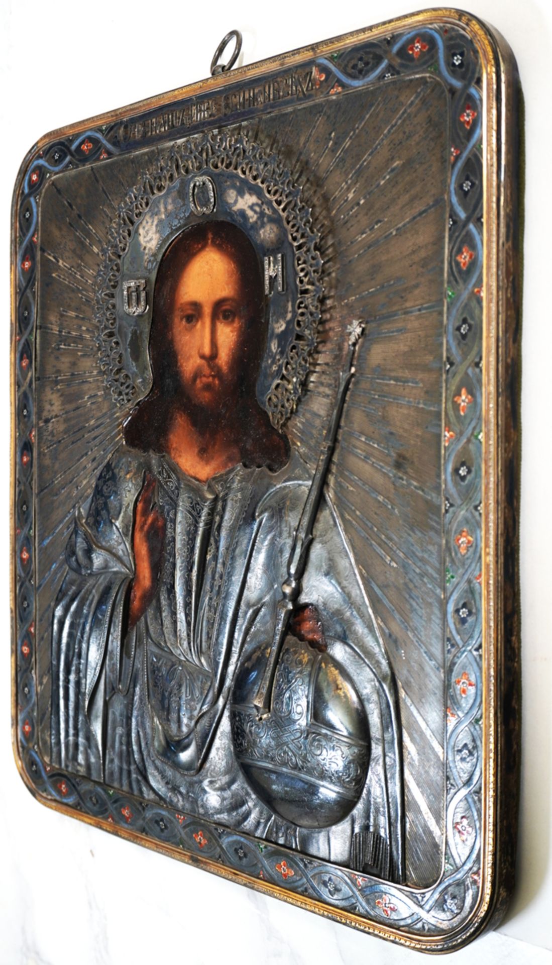 Ikone, Jesus mit Weltkugel und Zepter (Salvator mundi), Moskau, 1855 - Bild 2 aus 6