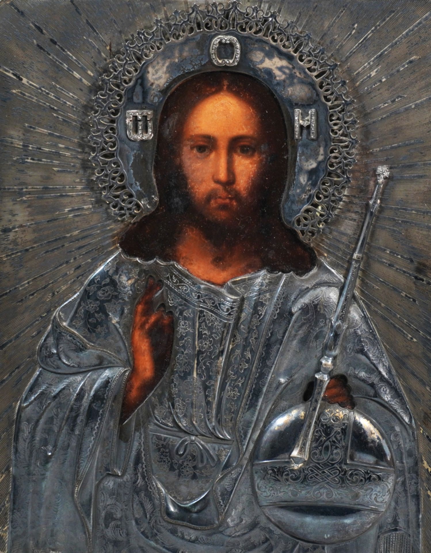 Ikone, Jesus mit Weltkugel und Zepter (Salvator mundi), Moskau, 1855 - Bild 3 aus 6