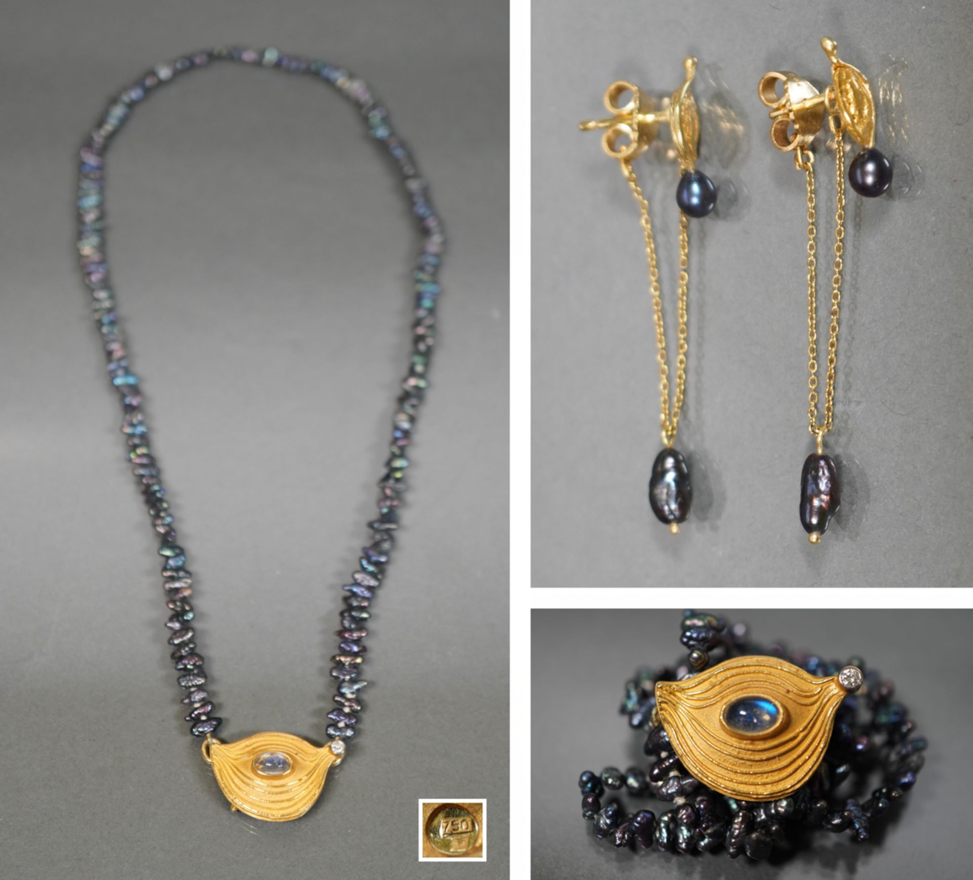Halskette und Ohrstecker mit schwarzgefärbten Perlen, GG 750
