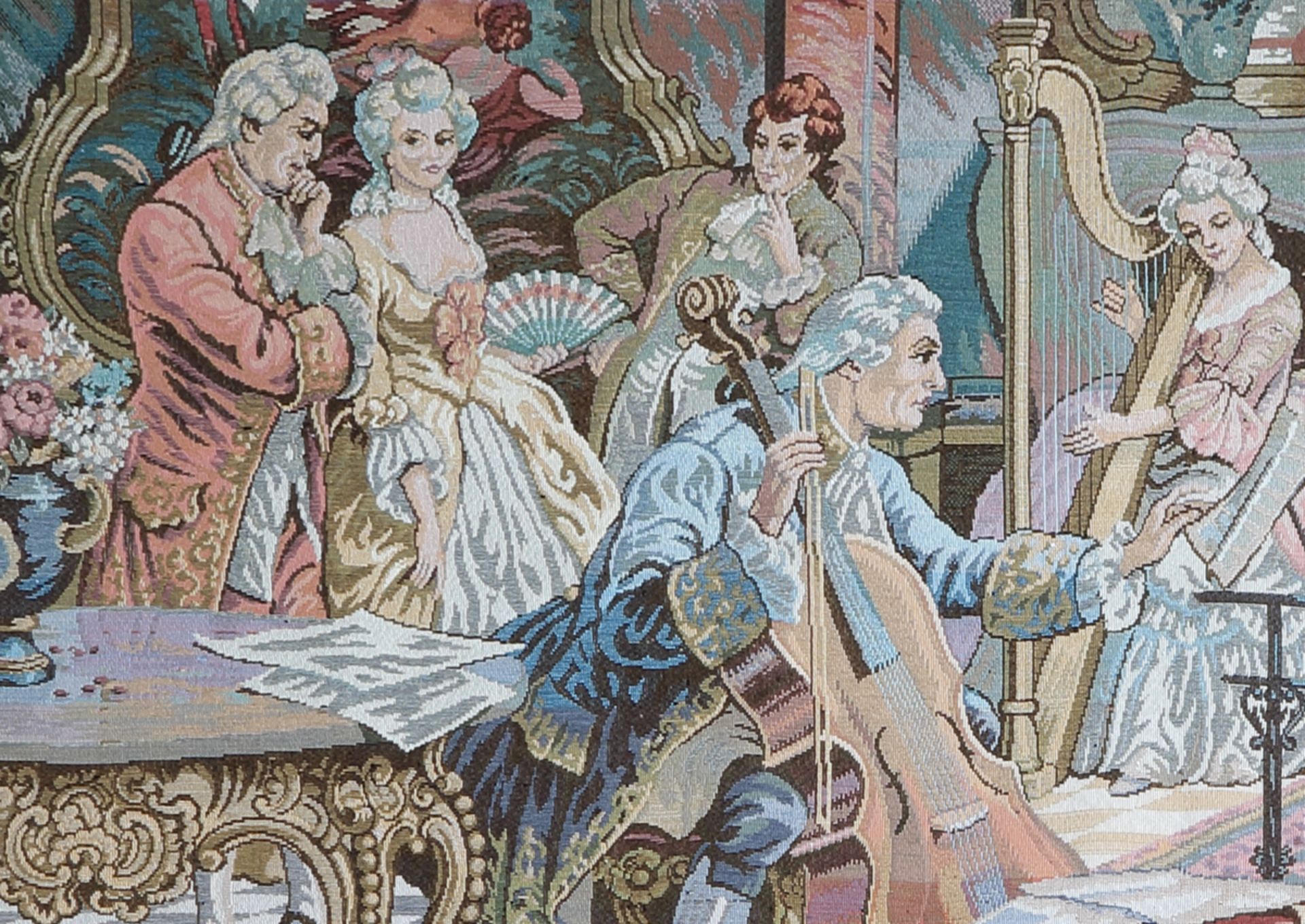 Tapisserie im Stil des 18. Jh., Rokokozeit, Konzert im Schloss, wohl Frankreich, 20. Jh. - Bild 2 aus 3
