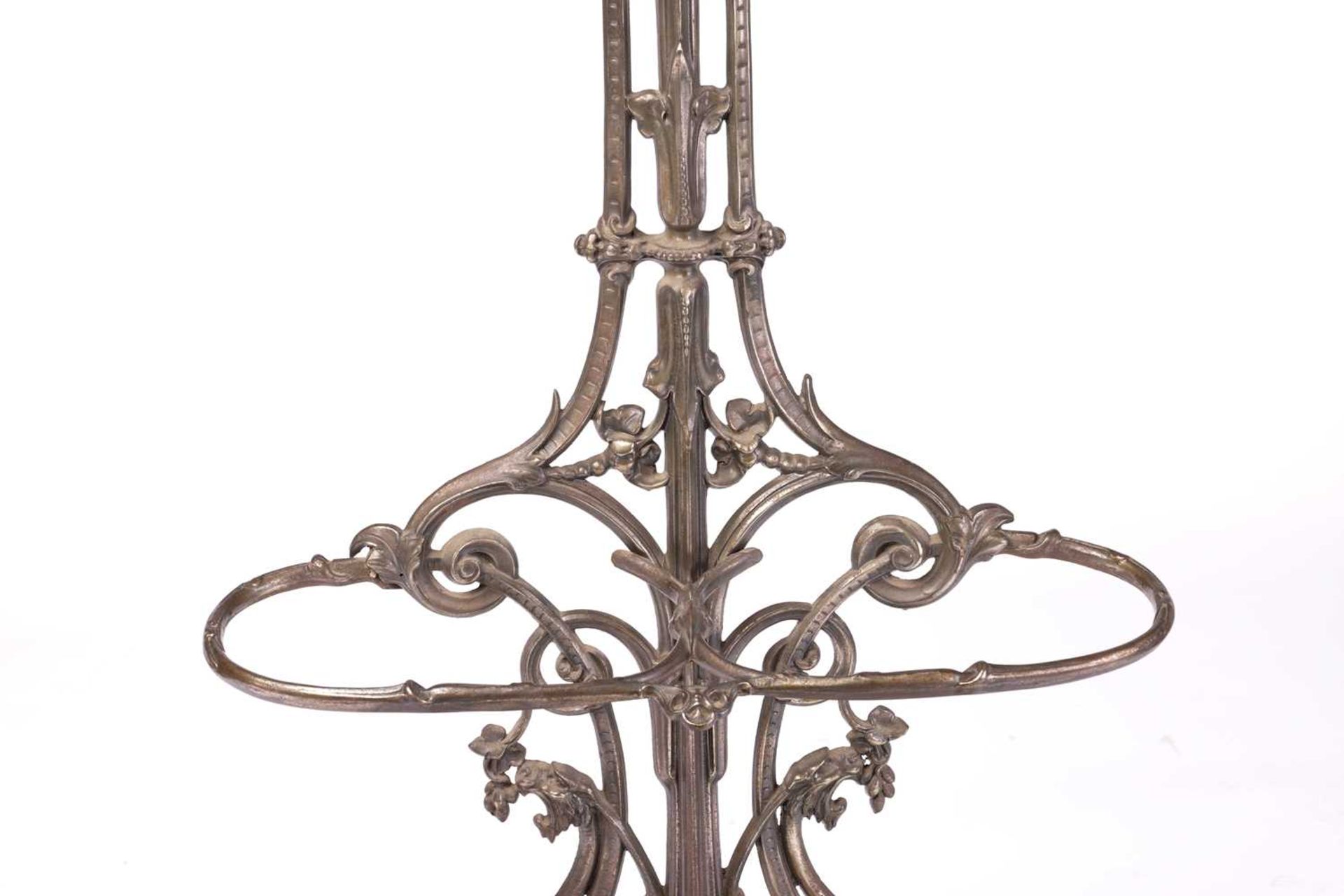 A Victorian Coalbrookdale cast iron hallstand with hat and coat hooks above a stick stand with - Image 3 of 4