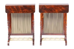A pair of early 19th-century figured rosewood Prie Dieus, the rise and fall face screens with