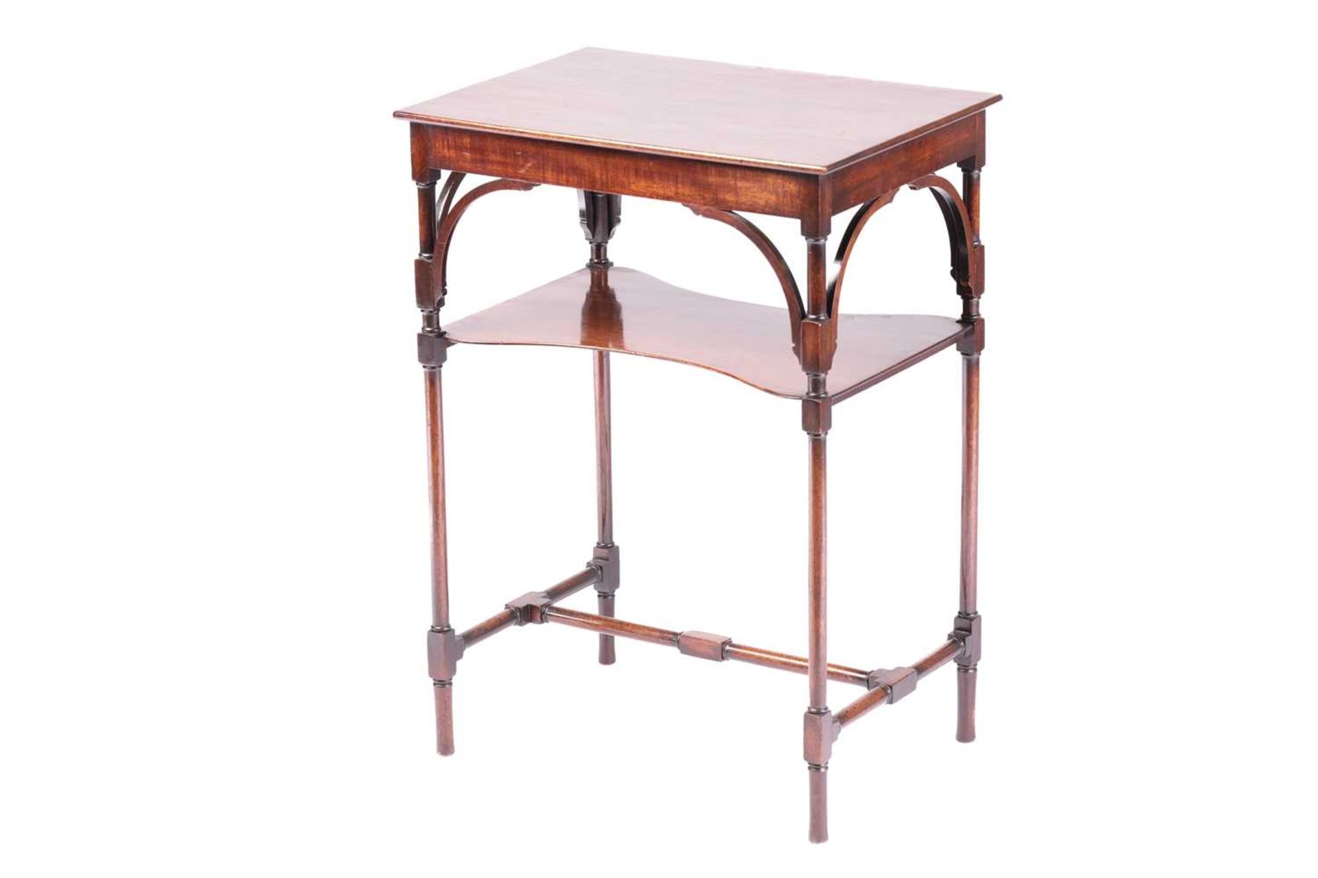 A George III bow-fronted mahogany fold-over tea table, with satinwood crossbanding supported on - Image 6 of 7