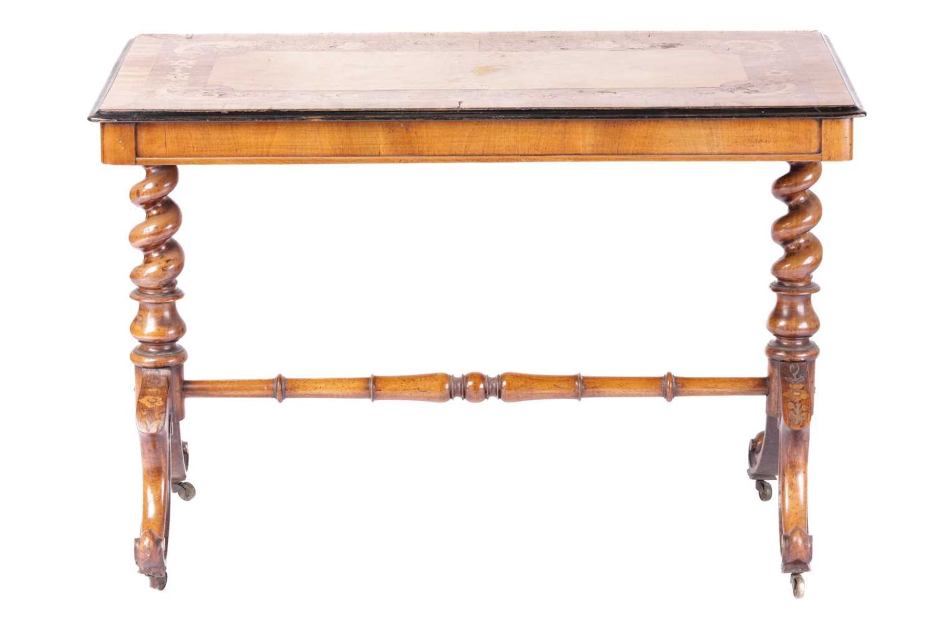 A Victorian marquetry inlaid walnut rectangular end table, the broad crossbanded top with a border