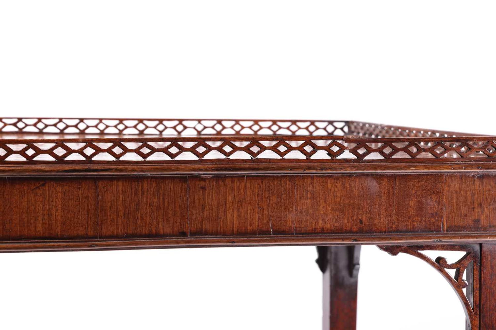A George III mahogany rectangular silver table with a pierced gallery top and corner brackets, on - Image 8 of 16