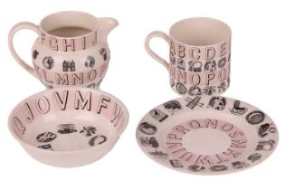 Eric Ravilious for Wedgwood, an 'Alphabet' set of tableware, comprising a mug, bowl, saucer and milk