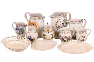 A collection of eight unmarked graduated jugs, depicting Mischief and Sport, alongside three ceramic