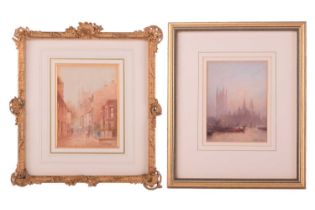 Frederick E.J. Goff (1855 - 1931), Palace of Westminster, signed, watercolour, 15 x 11 cm, framed