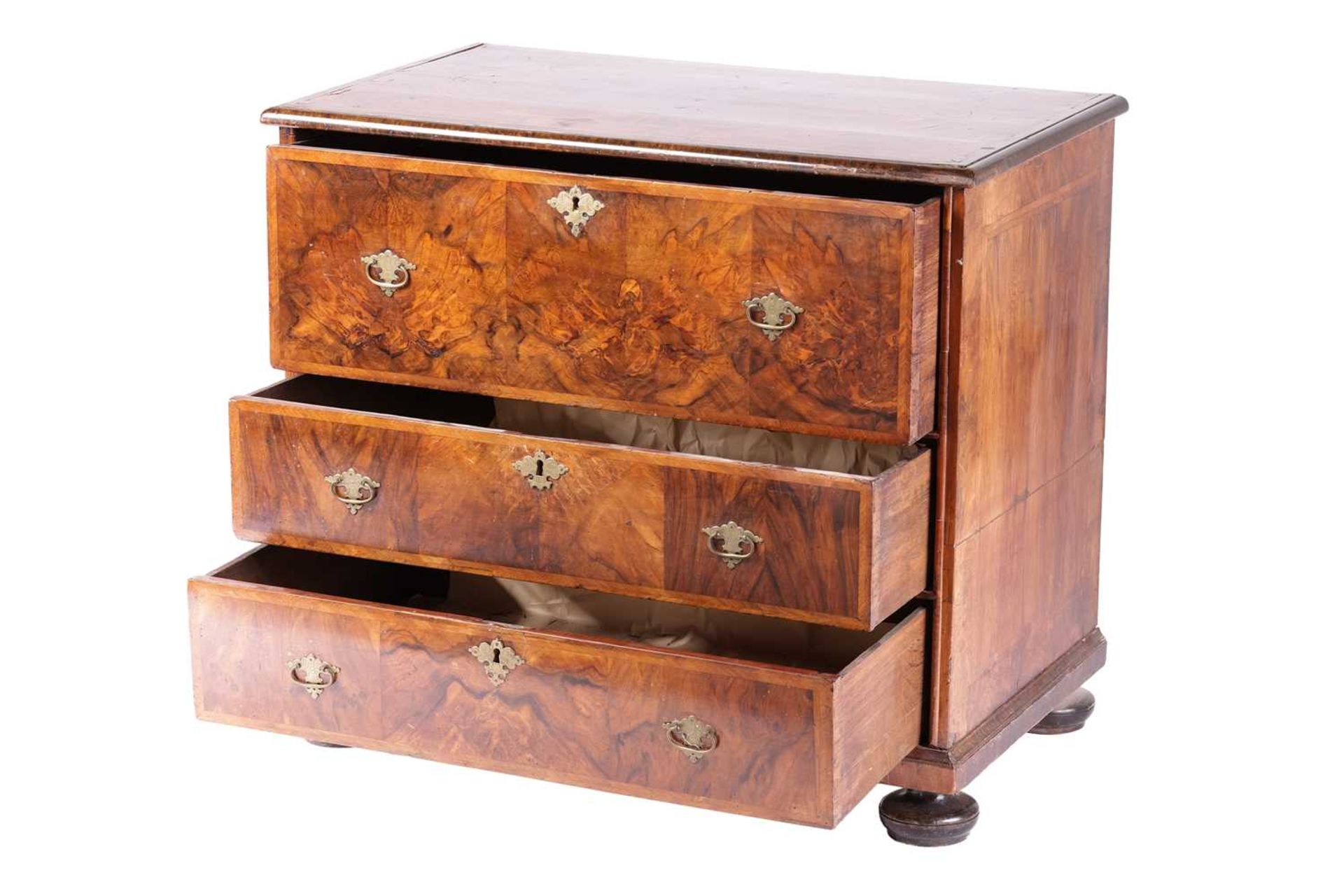 A William & Mary walnut chest of three long drawers, the parquetry top with the central quartered - Image 6 of 11