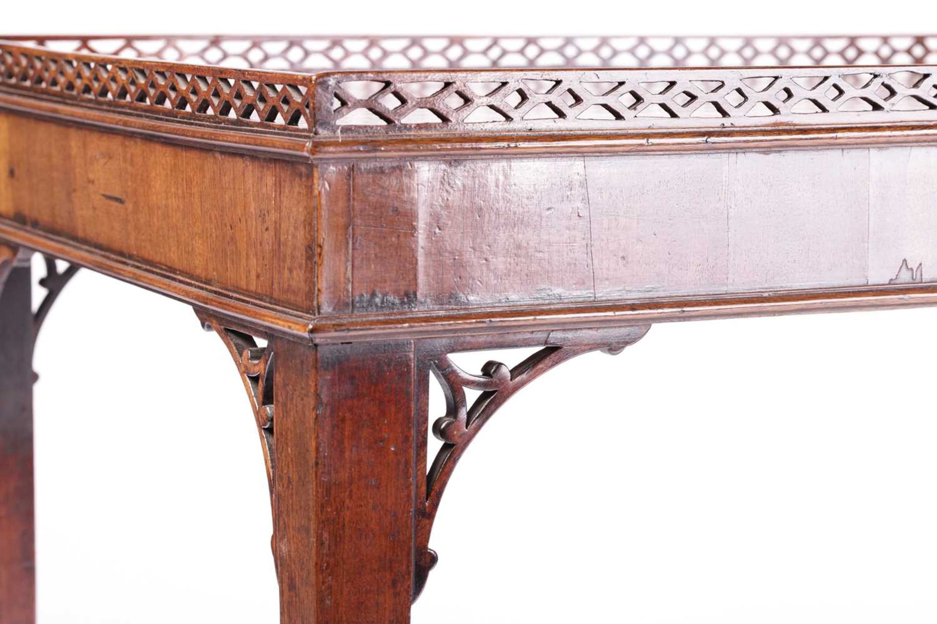 A George III mahogany rectangular silver table with a pierced gallery top and corner brackets, on - Image 5 of 16