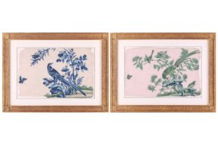 A pair of 18th-century Chinoiserie wallpaper fragments. depicting exotic birds on flowering