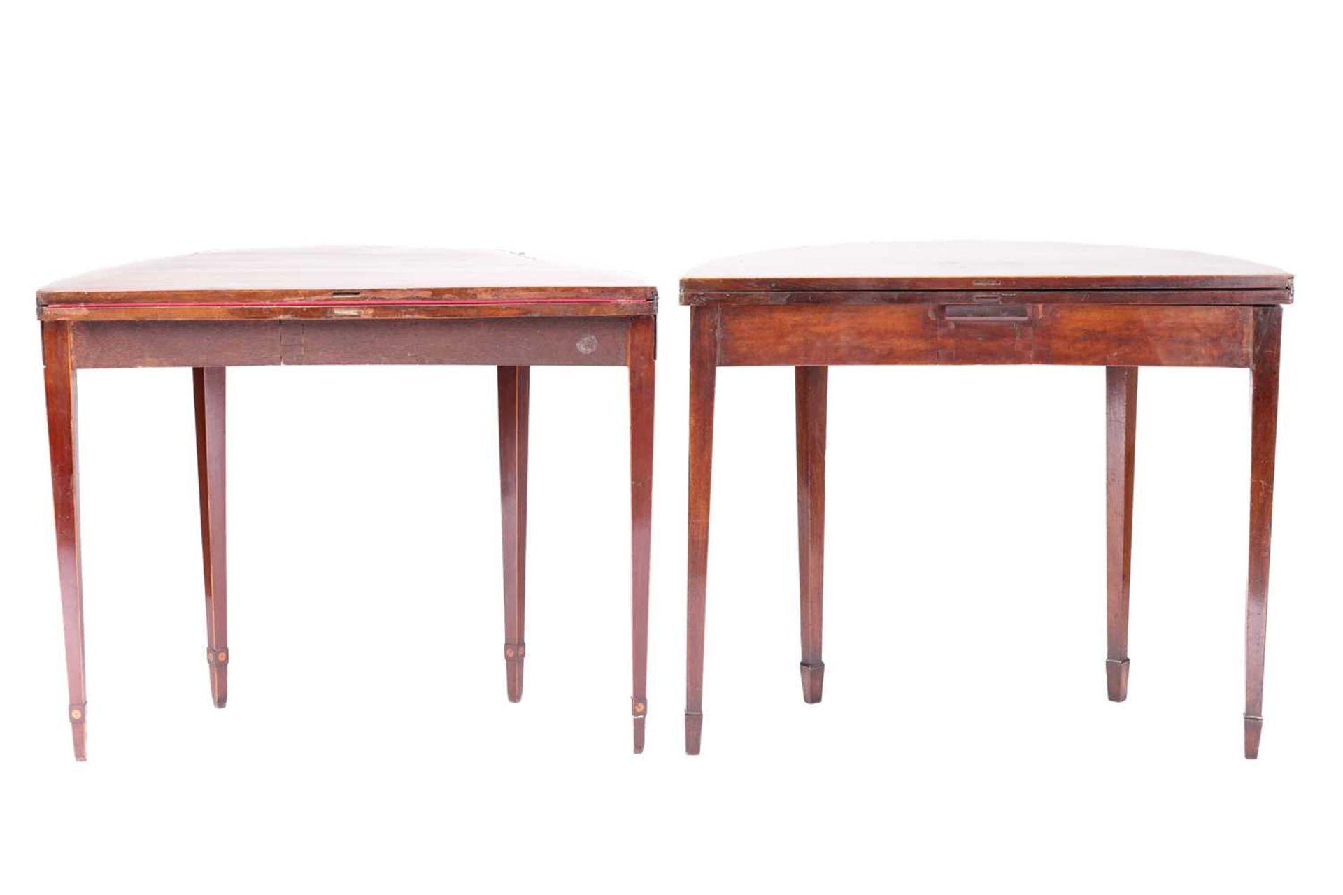 Two similar George III mahogany demi tables one a gaming table with crossbanded top and lined in - Image 3 of 6