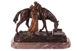 Xavier Raphanel (1876 - 1957) French, Mother with child on a horse, signed on the base, patinated