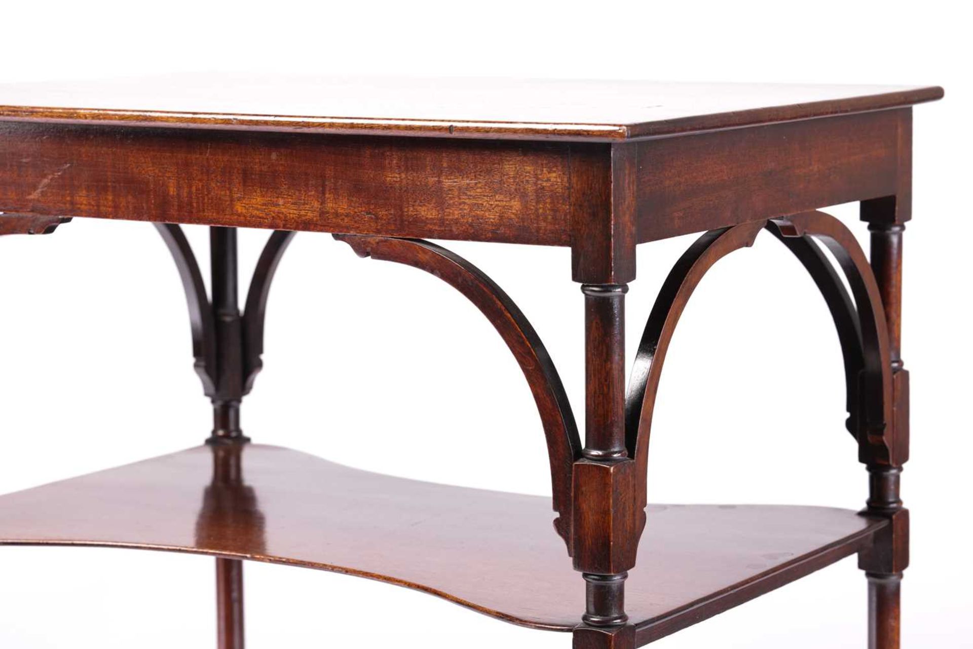 A George III bow-fronted mahogany fold-over tea table, with satinwood crossbanding supported on - Image 7 of 7