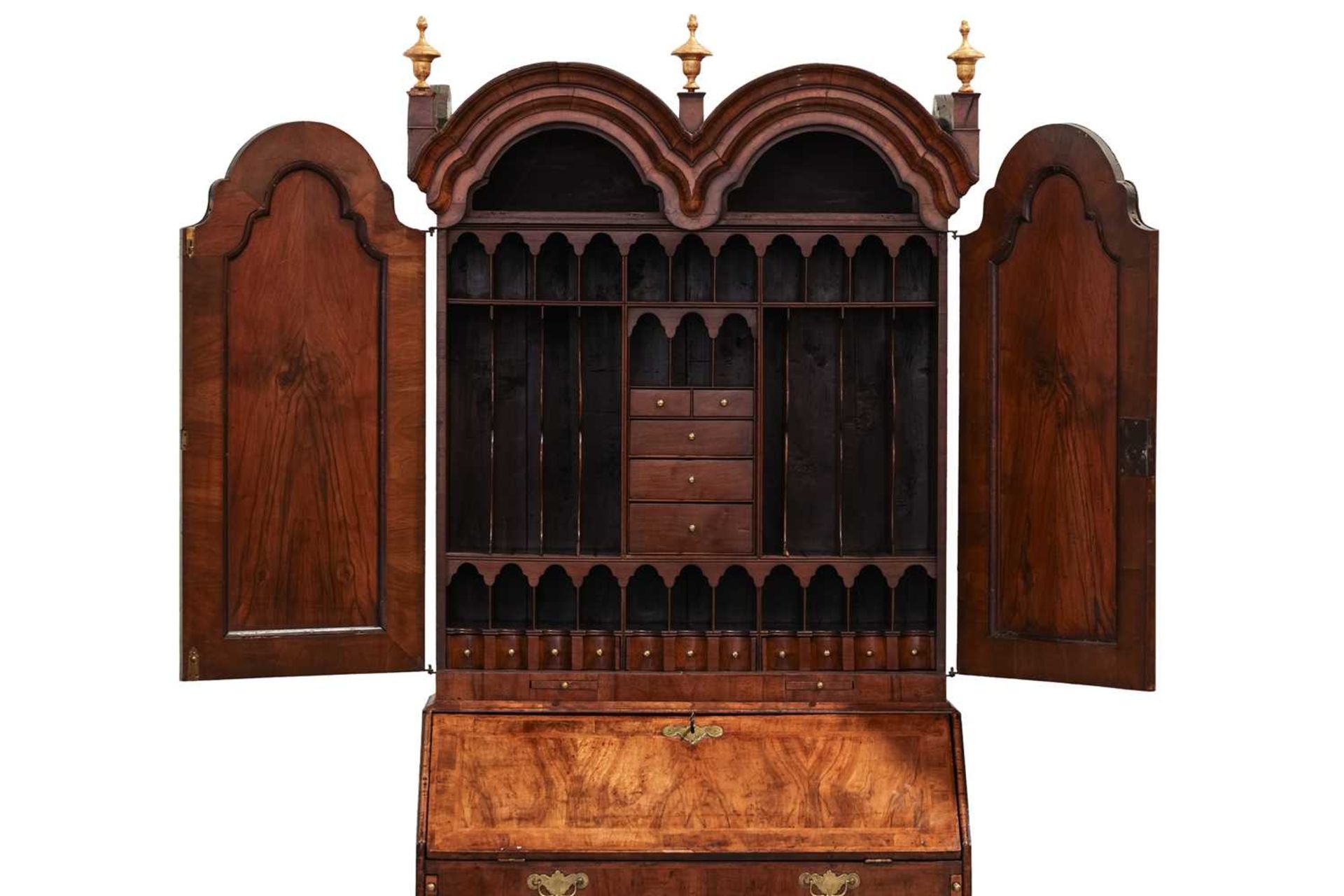 A composite Queen Anne figured walnut double dome bureau bookcase with cross grain moulding - Image 2 of 21