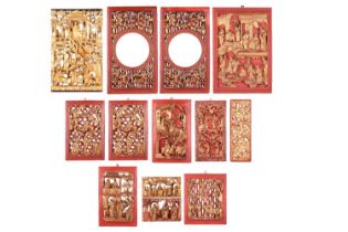 A collection of Chinese hook-carved red lacquer and gilt architectural panels, 19th century and