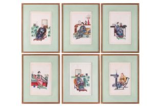 A set of six Chinese paintings on rice paper, each depicting a seated mandarin or his consort, 29