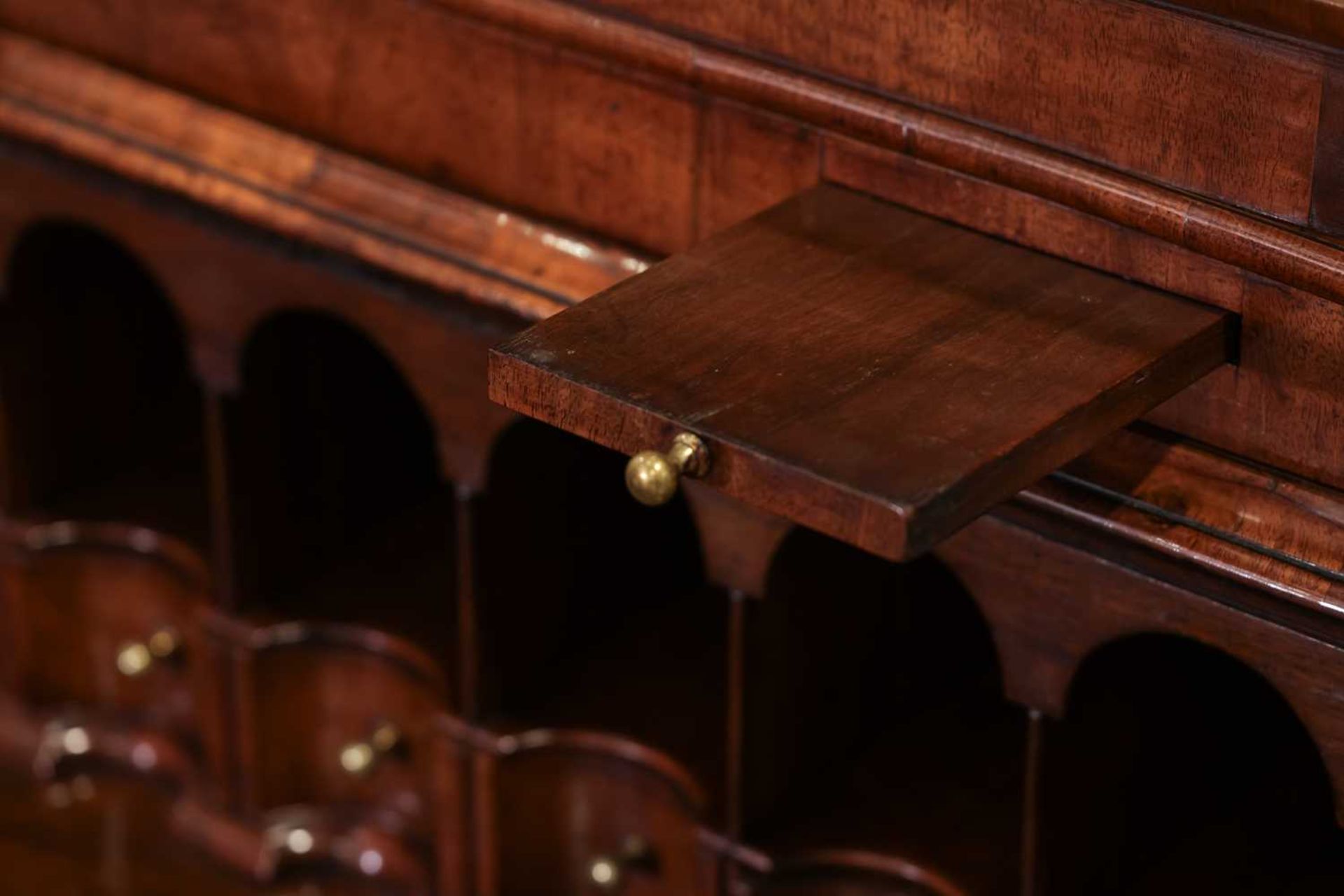 A composite Queen Anne figured walnut double dome bureau bookcase with cross grain moulding - Image 3 of 21