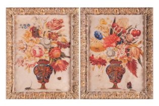 A pair of painted vellum panels depicting ornate vases of flowers with insects, possibly 17th