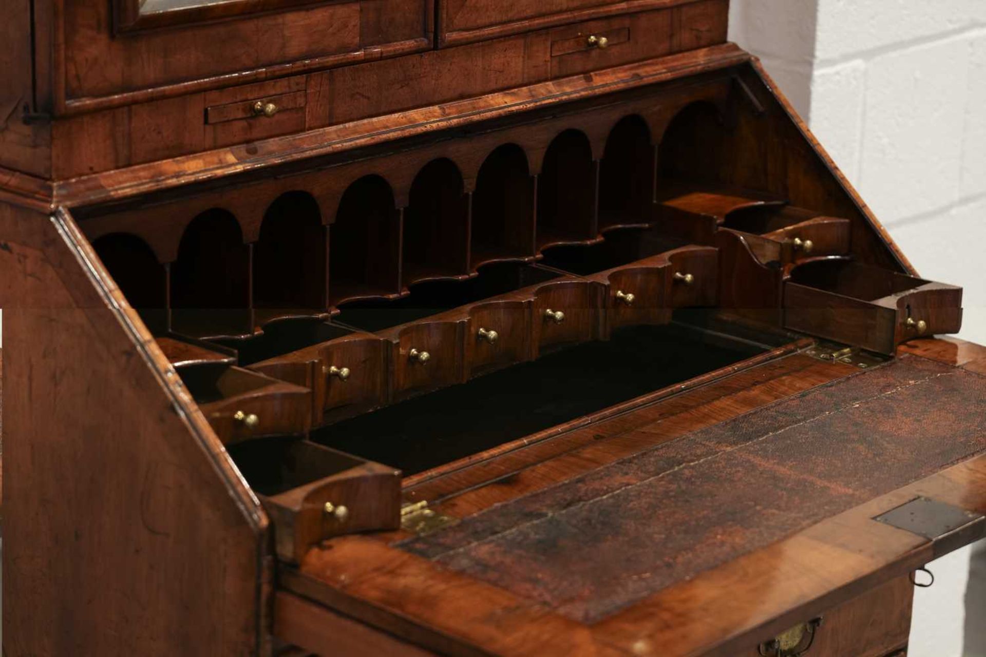 A composite Queen Anne figured walnut double dome bureau bookcase with cross grain moulding - Image 7 of 21