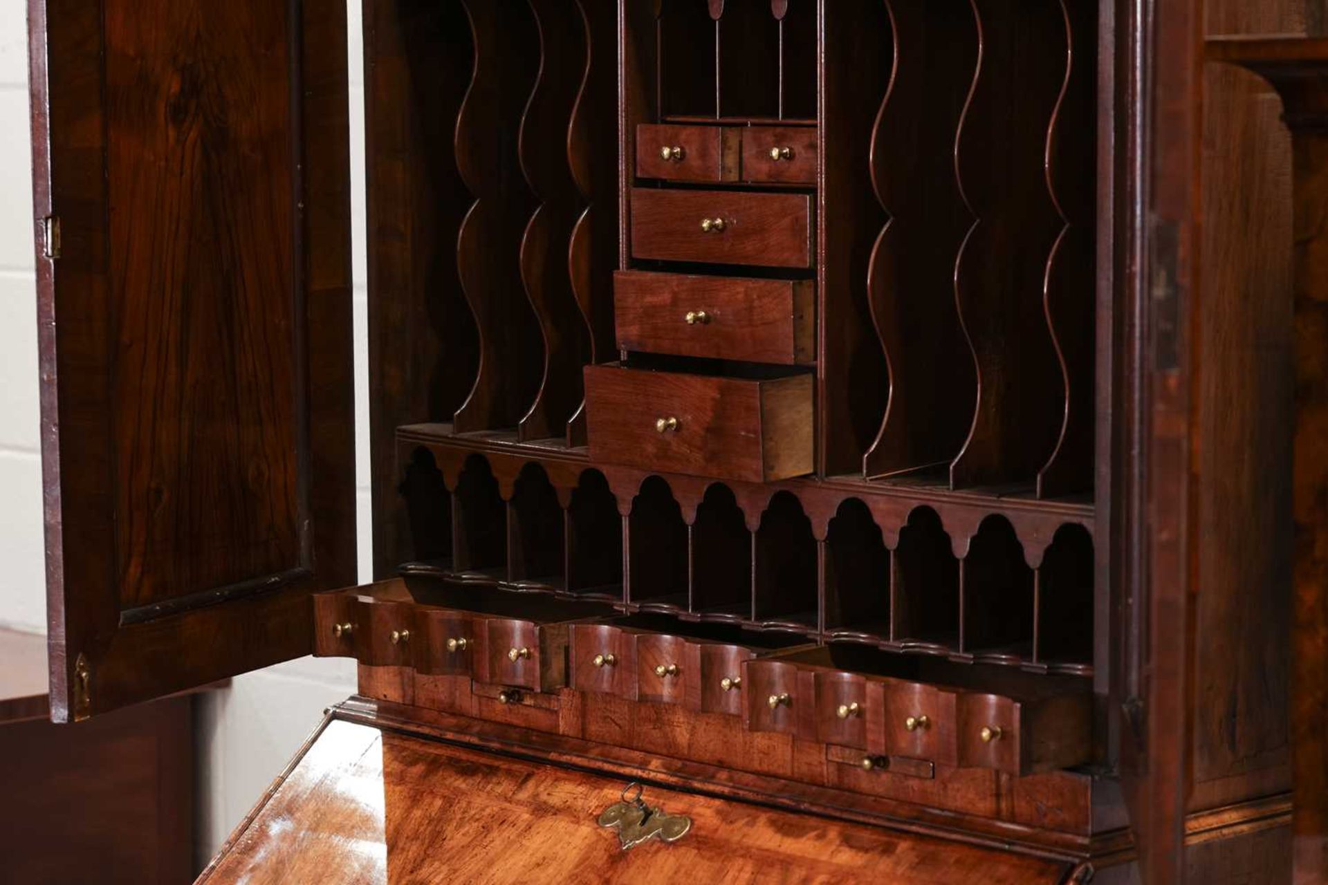 A composite Queen Anne figured walnut double dome bureau bookcase with cross grain moulding - Image 4 of 21