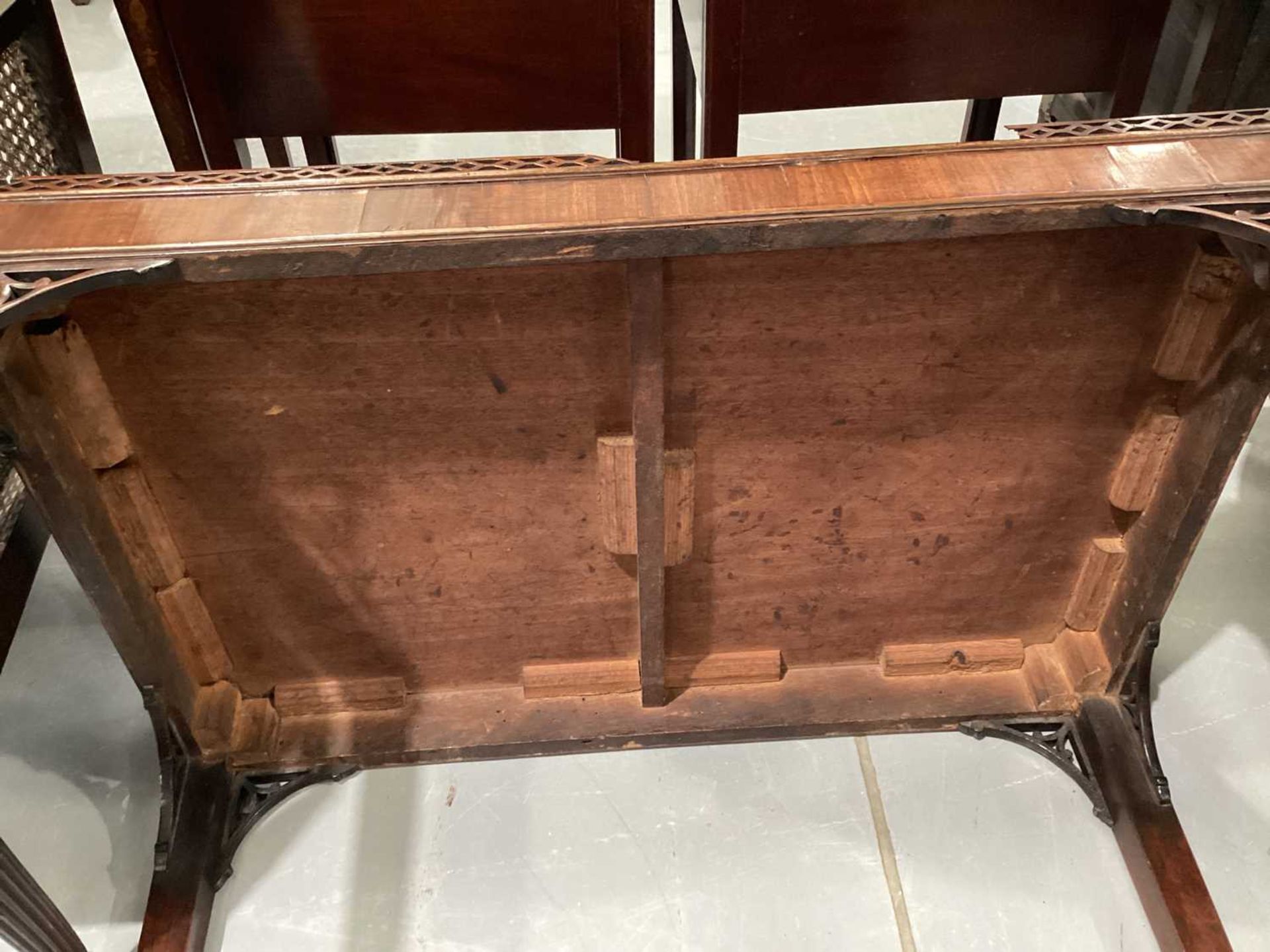 A George III mahogany rectangular silver table with a pierced gallery top and corner brackets, on - Image 12 of 16