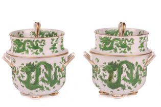 A pair of 19-century ice pails and covers, probably Coalport, with a green Brosley Dragon pattern