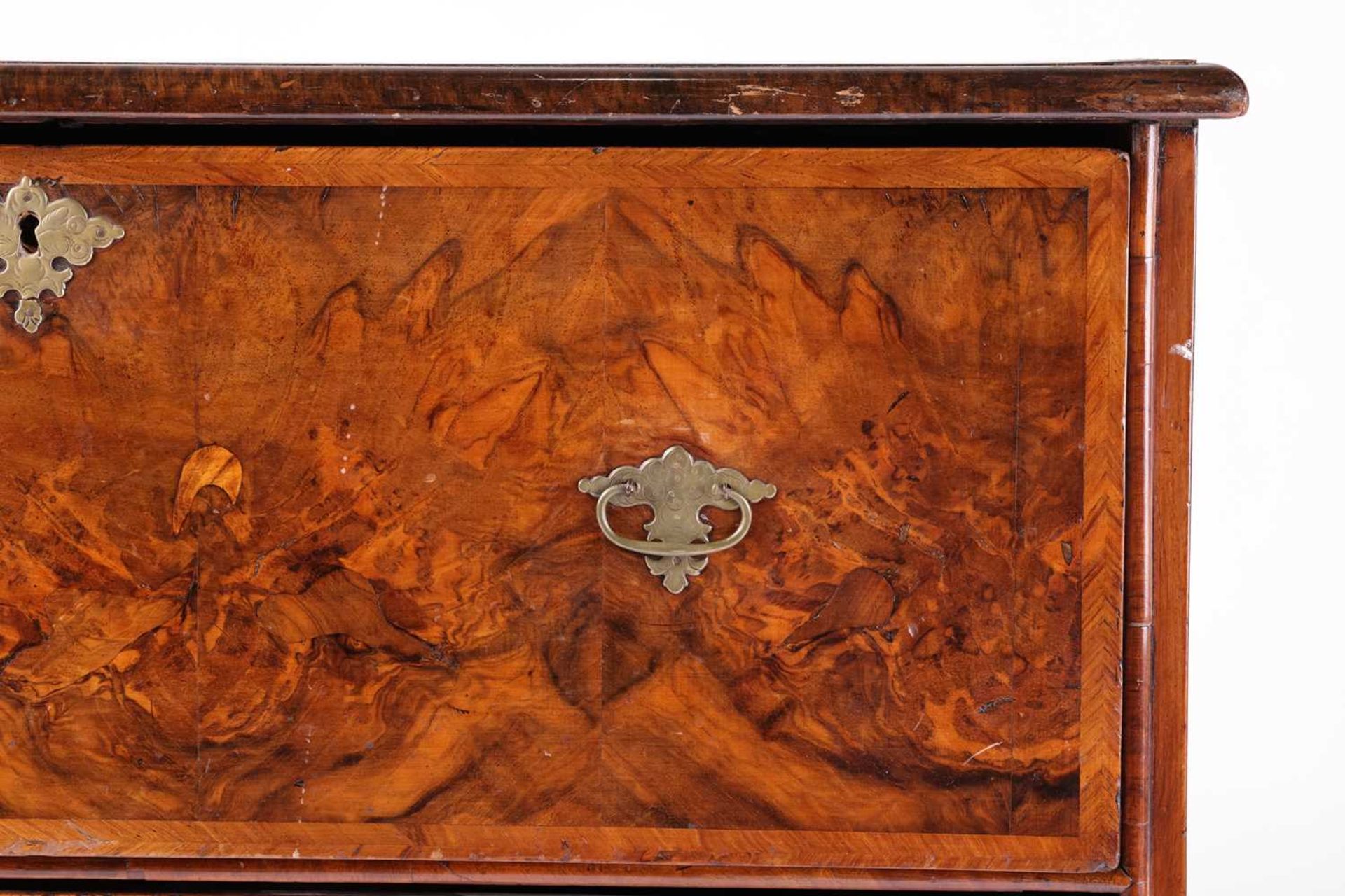 A William & Mary walnut chest of three long drawers, the parquetry top with the central quartered - Image 2 of 11