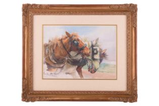 Lucy Kemp-Welch (1869 - 1958), 'Pulling Together', signed, watercolour, 26 x 36 cm, framed and